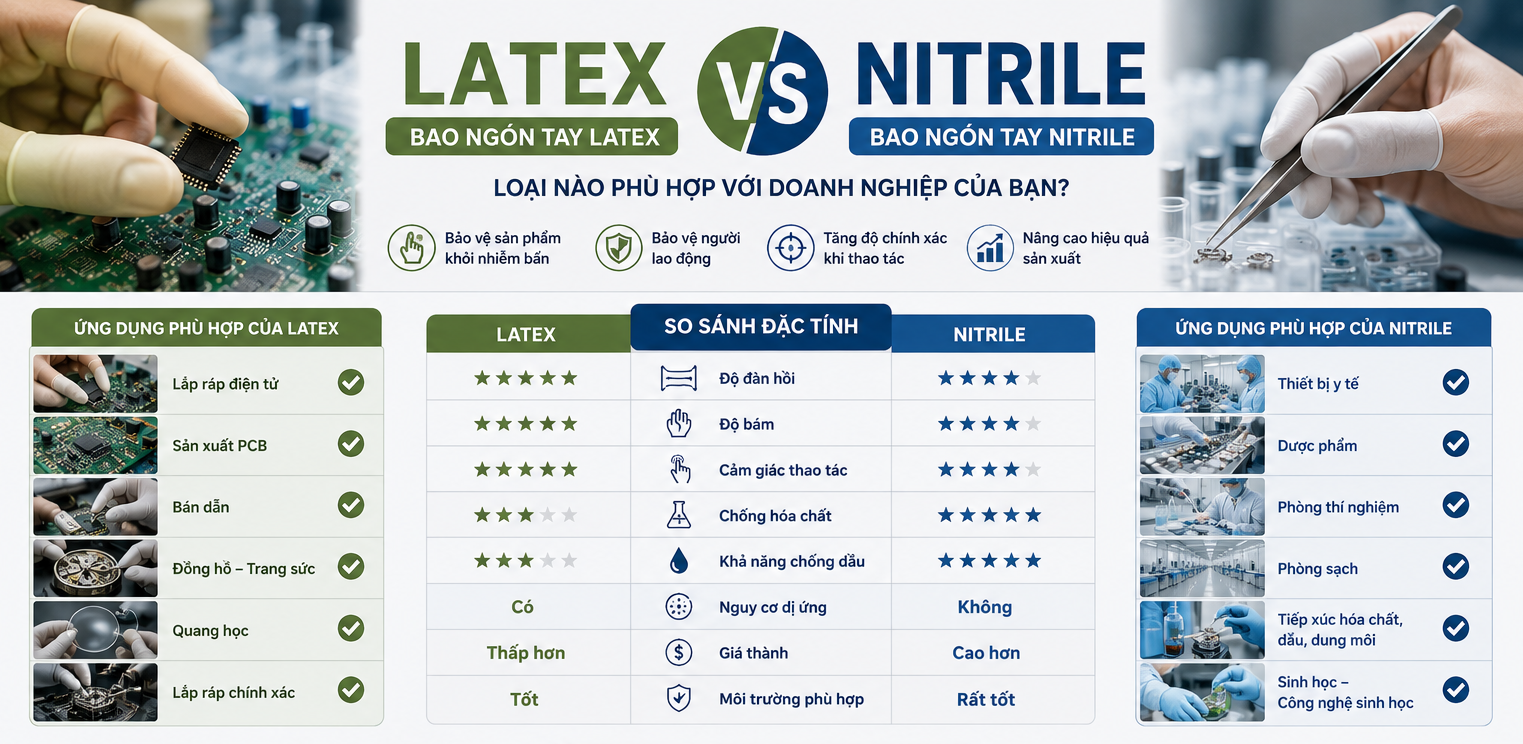 So sánh bao ngón tay Latex và Nitrile về đặc tính và ứng dụng trong điện tử, y tế và phòng sạch