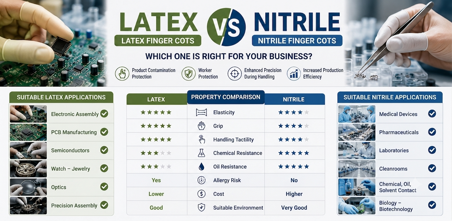 Latex vs nitrile finger cots comparison for electronics, medical, and cleanroom applications